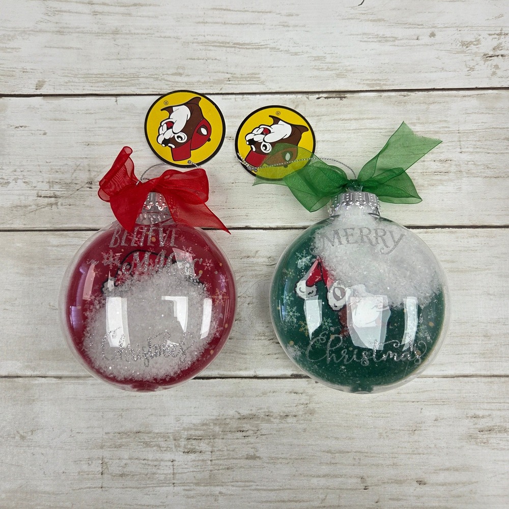 Buc-ees Christmas Ornaments Set of 2 Red Green Believe Merry‎ Believe